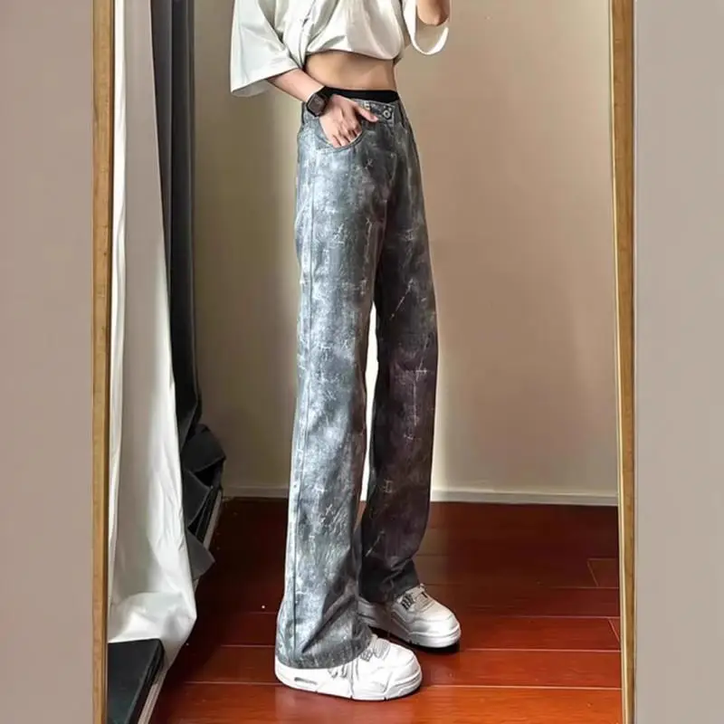 

Мужские джинсы American High Street с узором «Снежинка», осенние, с оригинальным дизайном, окрашенные, с высокой талией, прямые, слегка расклешенные