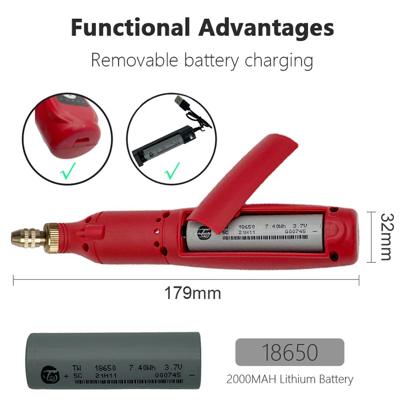 Mini Grinder USB Cordless Drill Rechargeable Removable Battery Engraving Dremel Engraver LED Variable 5 Speed Adjust Rotary Tool