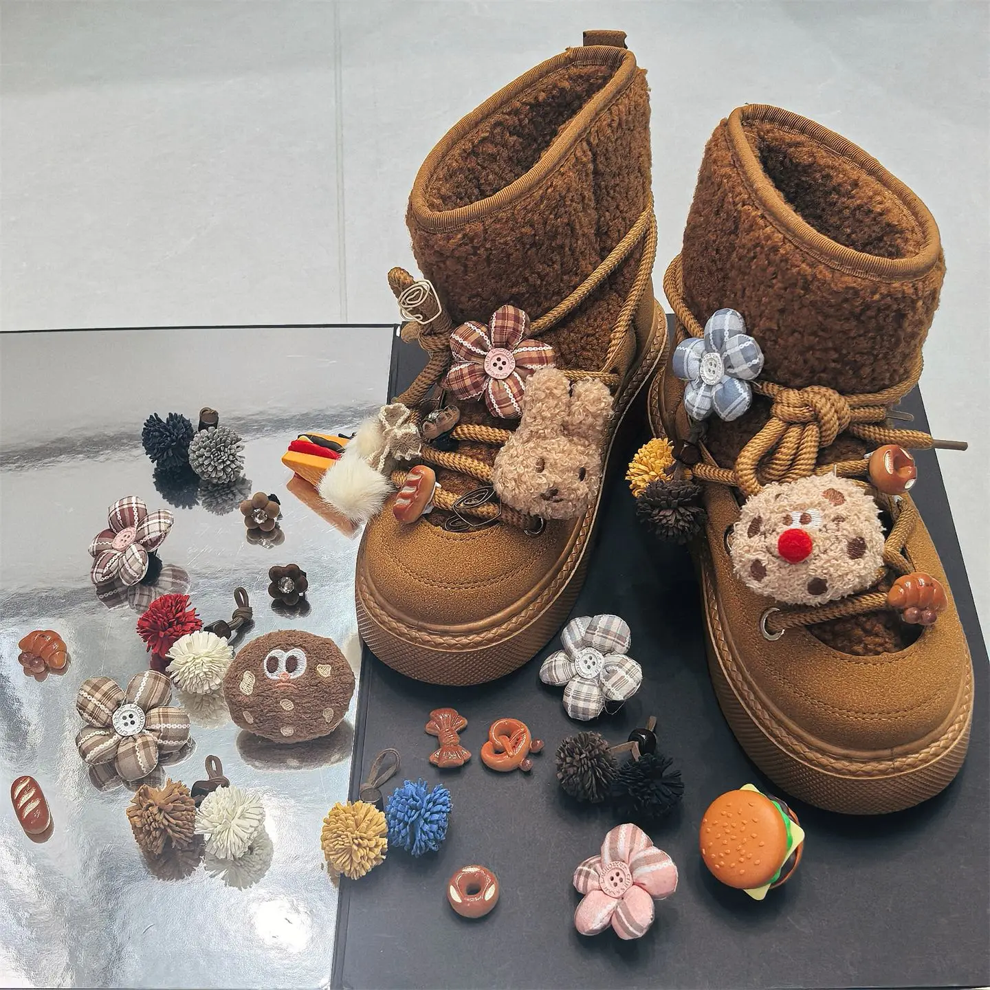 Cookie Shoe Charms Snow Boots Cotton Plush Footwear Buckle Accessories DIY Hamburger Biscuit Pretzel Plush Bow Decoration