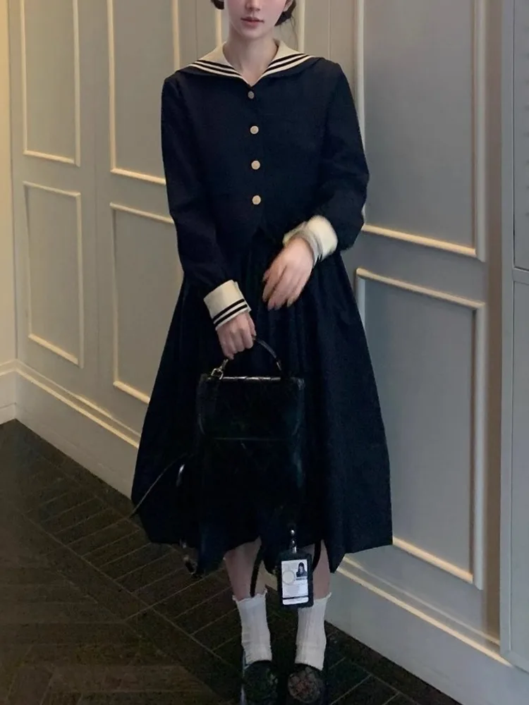 

Autumn Japanese Kawaii College Style Women Fashion Design Chic French Elegant Navy Collar Tops + Long Skirt Set Female Clothing