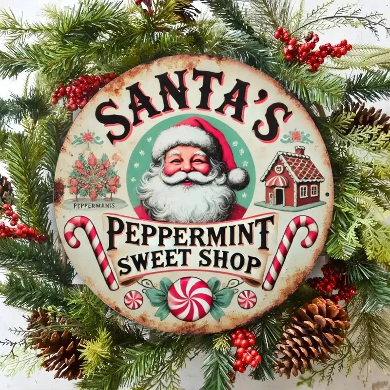 1 Stück Vintage Santa's Mint Candy Shop Metallschild – antike Weihnachts-Wanddekoration mit Pfefferminze und Zuckerstangen-Design, langlebiges Alumi