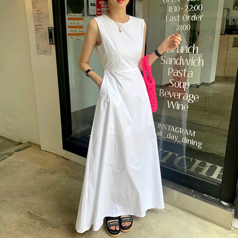 Backless Lace Up Waist Mid Length White Vest Dress Women Clothing 2024 Summer Midi Vestidos De Mujer Shirts Pocket Y2k