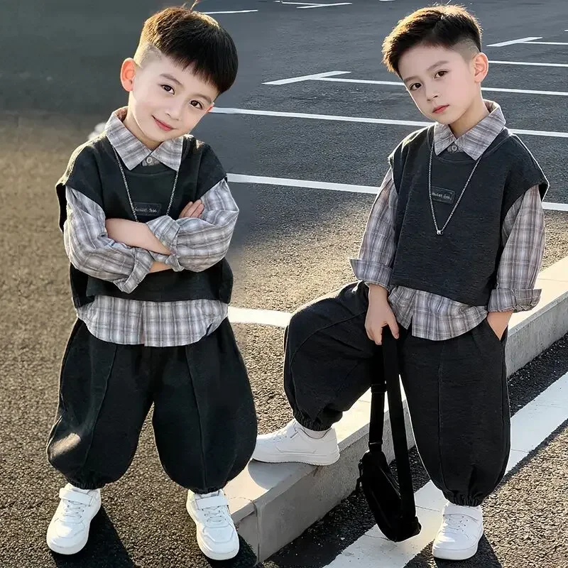 

Boys' Fashion Set Spring and Autumn 2026 New Korean Edition Children's Long sleeved Shirt Vest Pants 3-piece Set