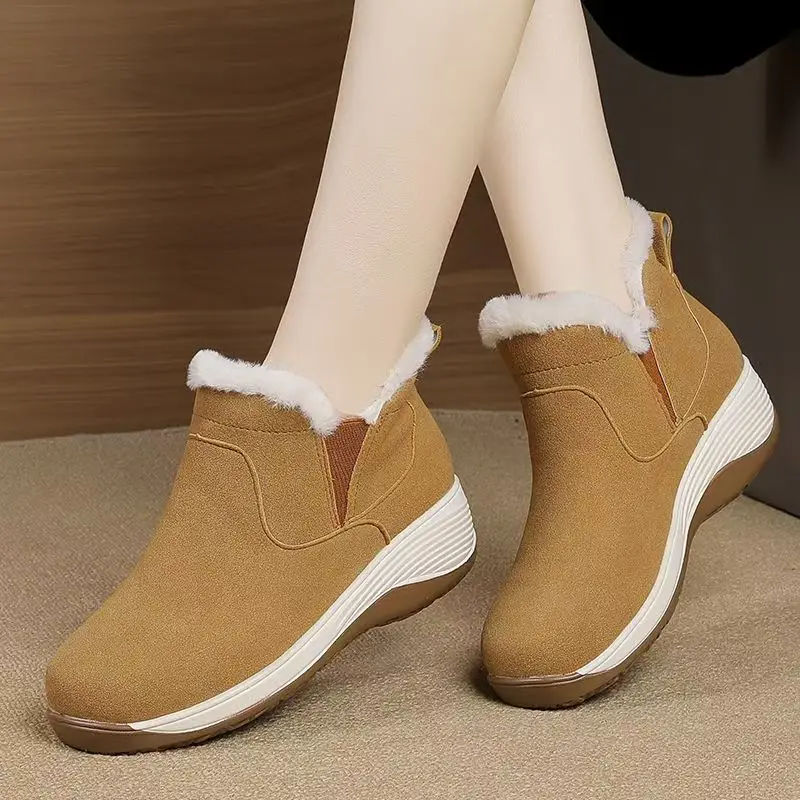 

Новые зимние женские кожаные слипоны до щиколотки, зимние ботинки с круглым носком, толстая подошва, нескользящая утолщенная плюшевая теплая обувь на танкетке, хлопковая обувь