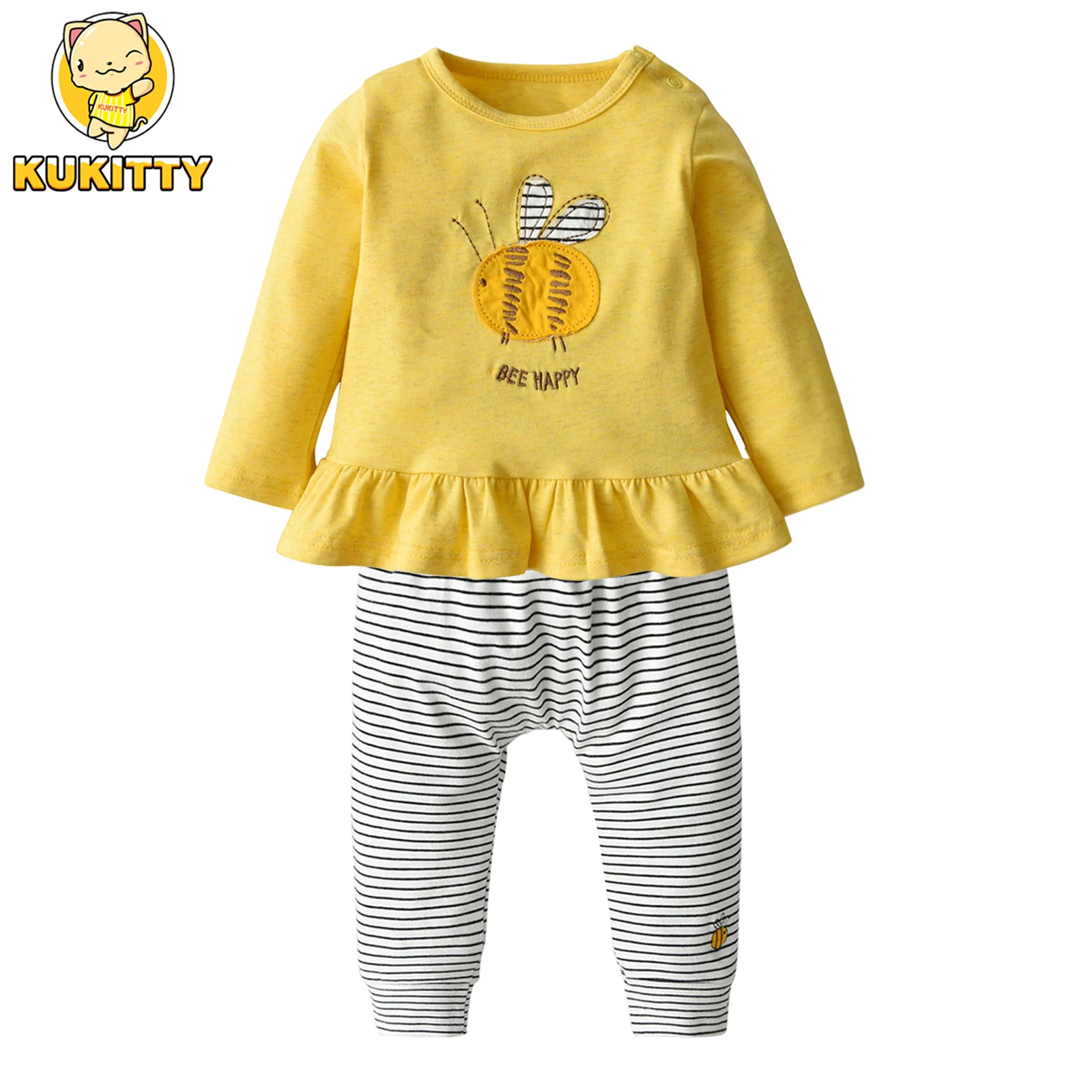 Fashion Toddler Baby Girl Spring Fall Clothes Sets Cotton Ruffles Long Sleeve T-shirt and Striped Pants 2Pcs Outfits