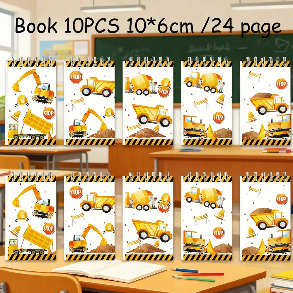 10Pcs Engineering Vehicle Theme Portable Coil Notebook Construction Mini Notepad for Kids Birthday Party Favors School Rewards