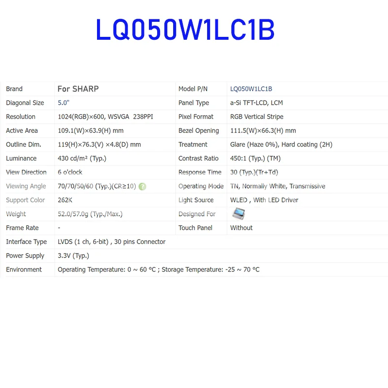LQ050W1LC1B 5.0 Inch LCD Display Screen Panel Original for Sharp Brand New and Fast Shipping 100% Tested