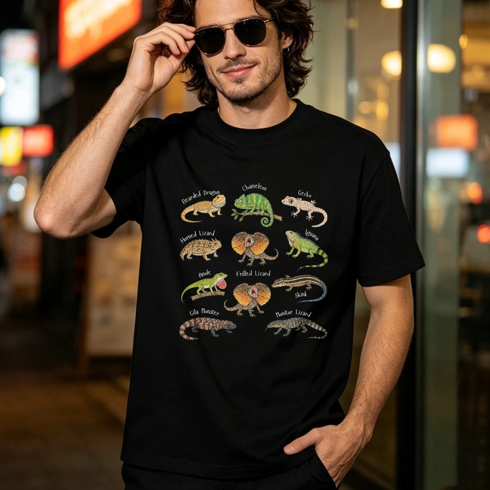 Reptile Lizard Collection Unisex Cotton Tops Wildlife Animal Streetwear Herpetology Hobby Motif For Reptile Fans Casual Tees