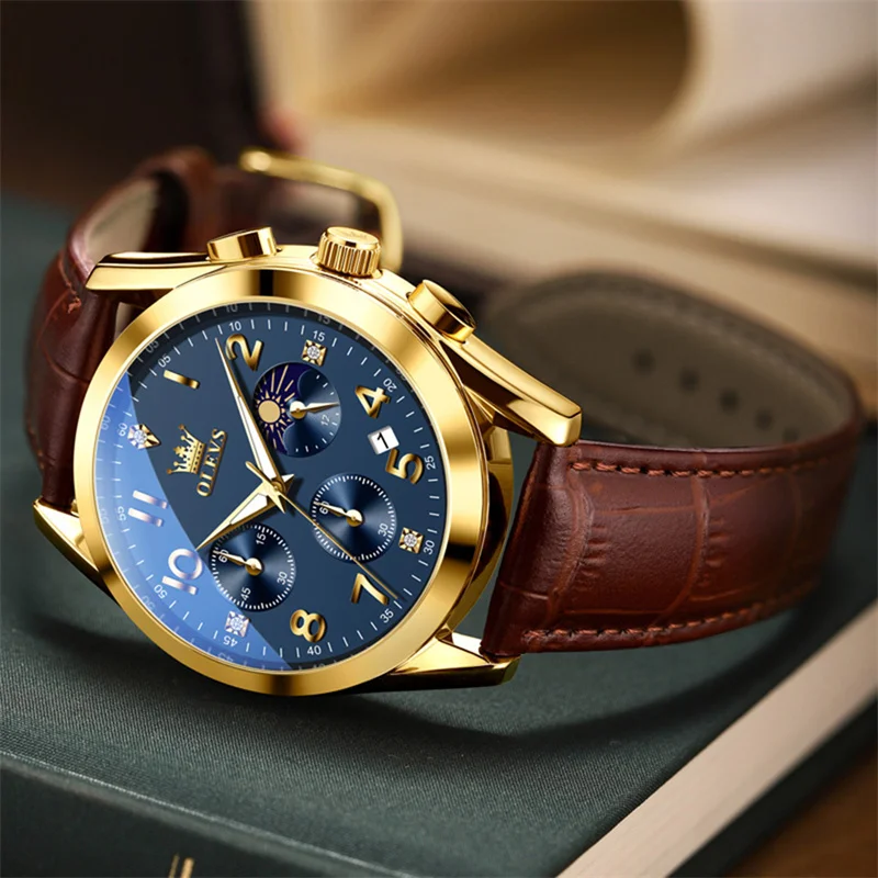 OLEVS Original Top Brand Leather Men Wristwatch Classic Business Waterproof Man Moon Phase Clock Mens Watches Relogios Masculino