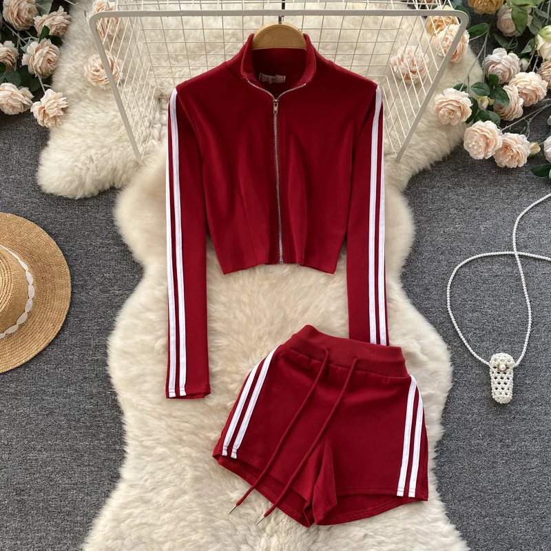 Basics Long Sleeves Vintage Stand Collar Chic Patchwork Striped Zipper Coat Slim High Waist Short Pants High Street Autumn Sets