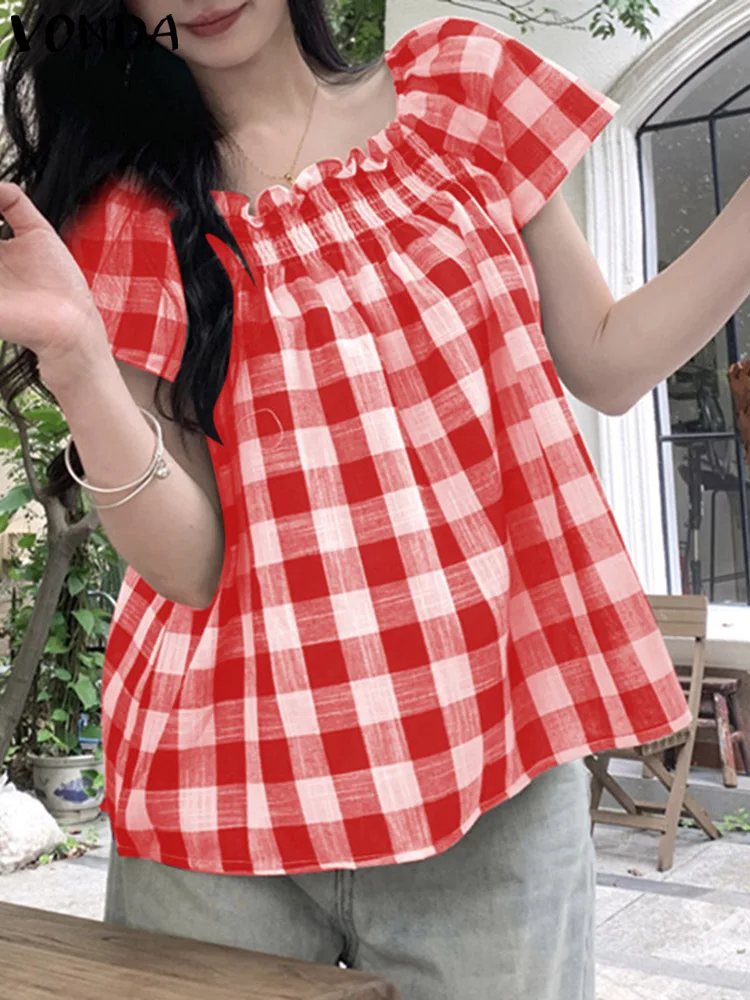 Plaid Blouse VONDA 2024 Summer Women Short Sleeve Loose Bohemian Printed Square Collar Tops Casual Shirts Vintage Blusas Femme