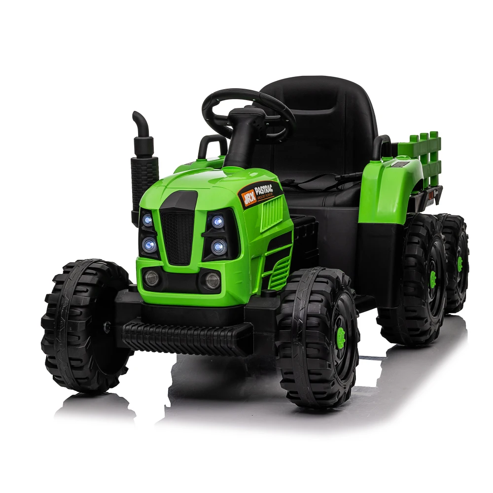 Tractor de paseo con remolque, juguete de Tractor eléctrico con batería de 12V con Control remoto, cinturón de seguridad de dos puntos ajustable de tres velocidades