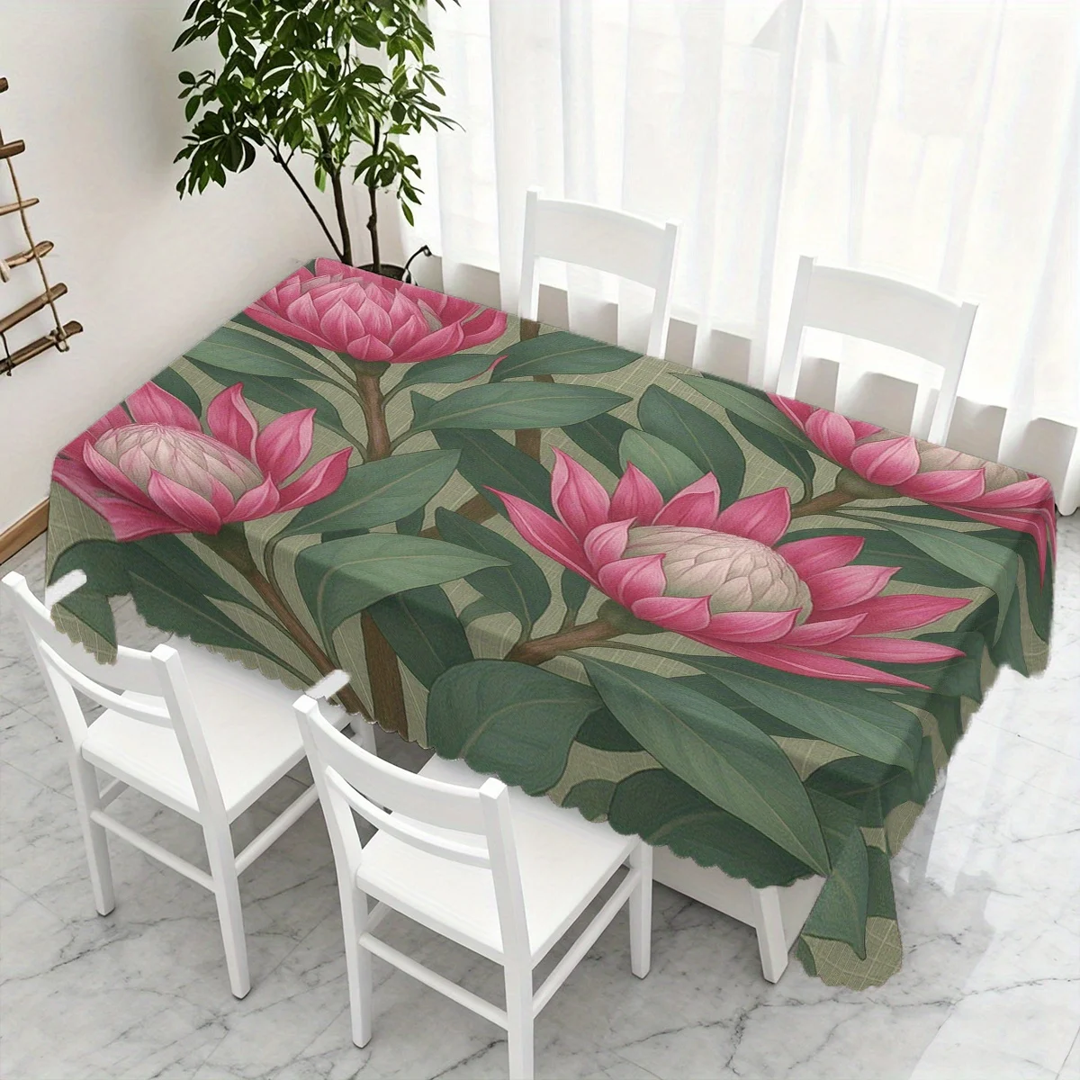 Vintage Pink Protea Flower Green Leaves Print Waterproof Tablecloth, Rectangular Table Cover for Home Dining Floral Party Decor
