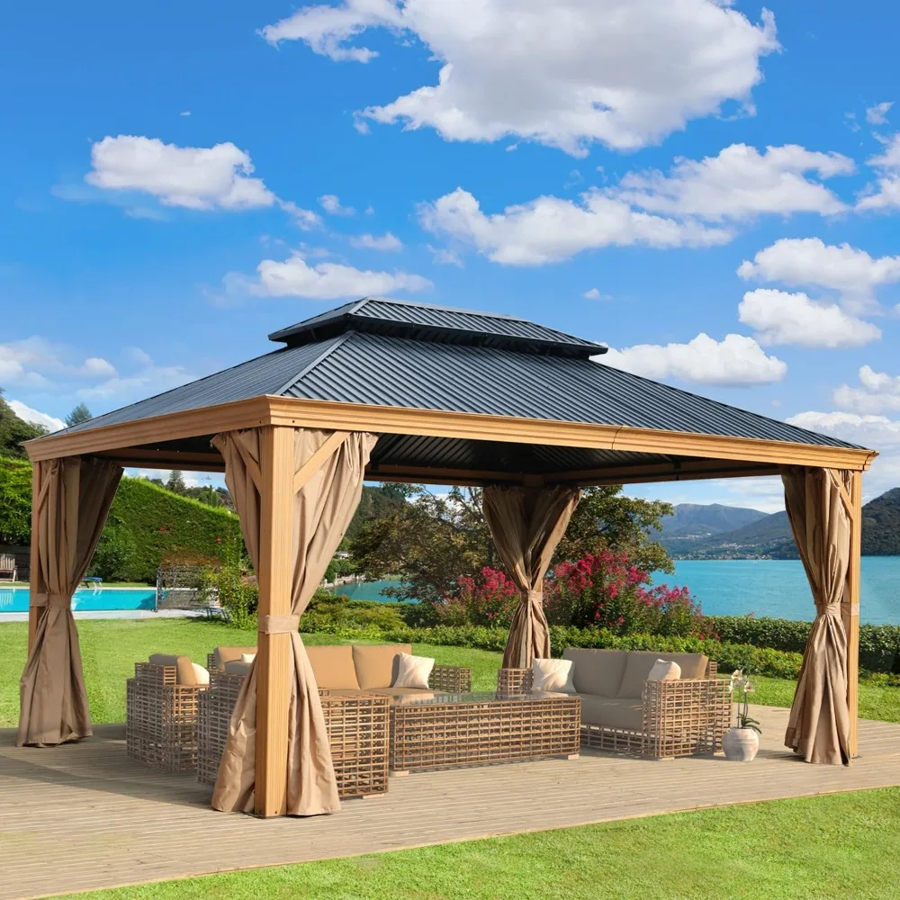 

12'x 16'Wooden Grain Coated Aluminum Gazebo Hardtop 2-Tier Black Steel Roof, Wooden Print Frame with Curtain&Netting