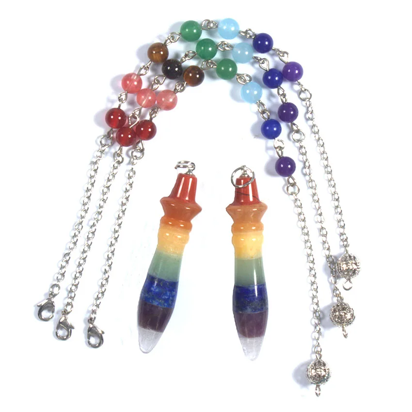 Natural Fluorite 7 Chakra Crystal Stone Pendulums For Healing Quartz Reiki Dowsing Divination Pendulum Pendulo Pendant Jewelry