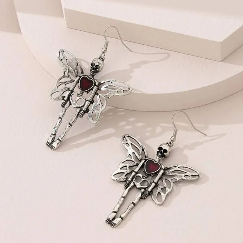 Dark Gothic Halloween Skull Skeleton Butterfly Dangle Earrings For Women Hollow out Big Earring Silver Color Fashion Jewelry