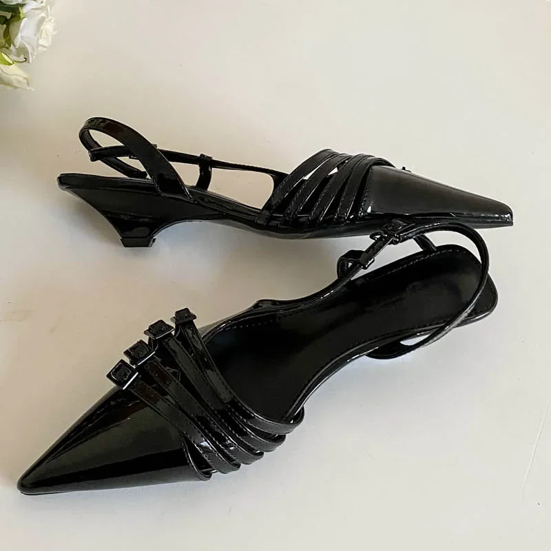 Eilyken New Design Narrow Band Buckle Strap Pointed Toe Women Pumps Fashion Wedges Low Heels Party Slingback Shoes