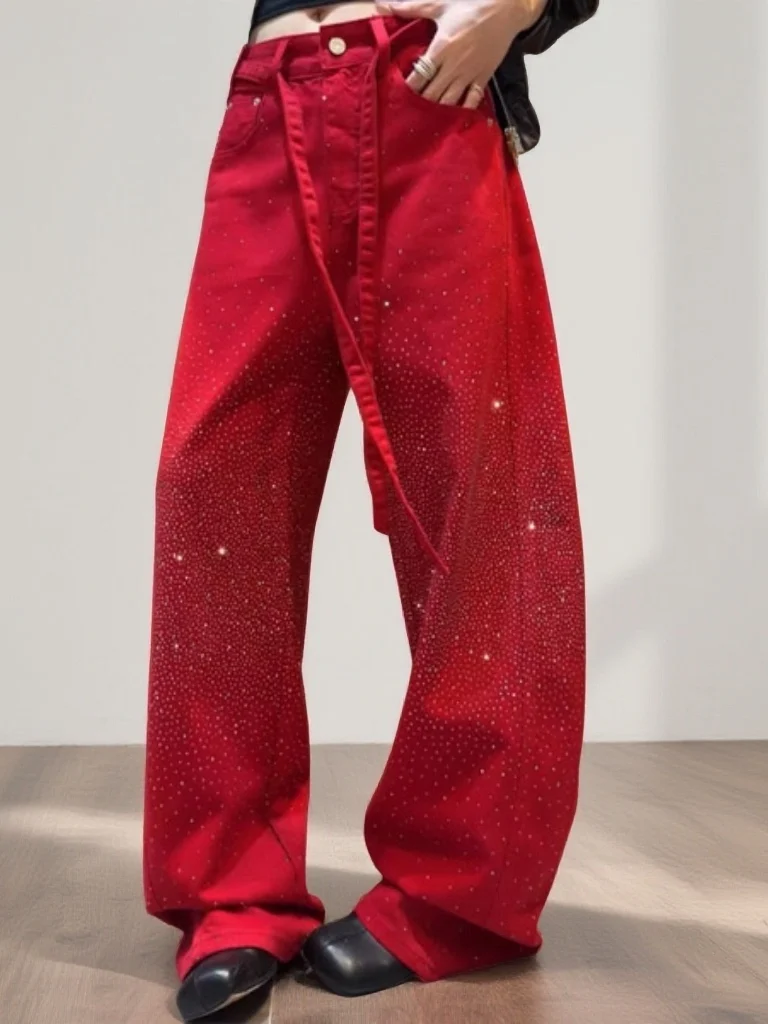 

Spring 2026 High Waist Loose Leg Jeans Women's Casual Sle Diamond Embellied Slimming Red Denim Pants Casual Loose Fit
