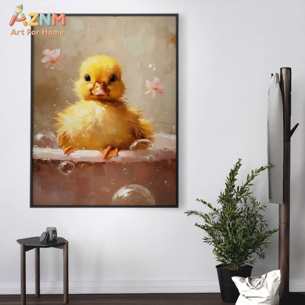 AZNM Cute Yellow Duckling Oil Painting Canvas Wall Art, Vintage Bubble Flower Baby Duck Print Poster, Unframed Watercolor Animal