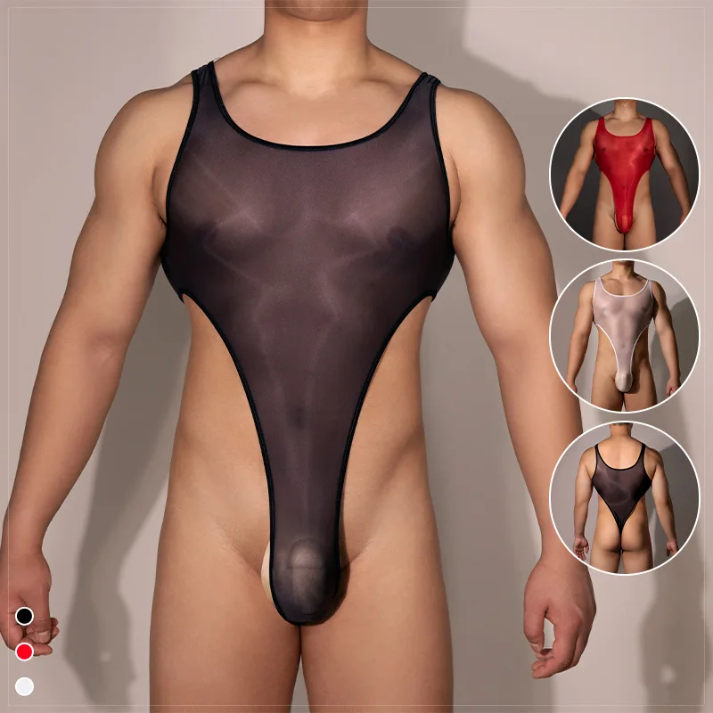 Elastic Oil Shiny Glossy Men High Cut Bodysuit Stretchy Backless Leotard Sexy Playsuit Gay Man Transparent Rompers Erotic Linger