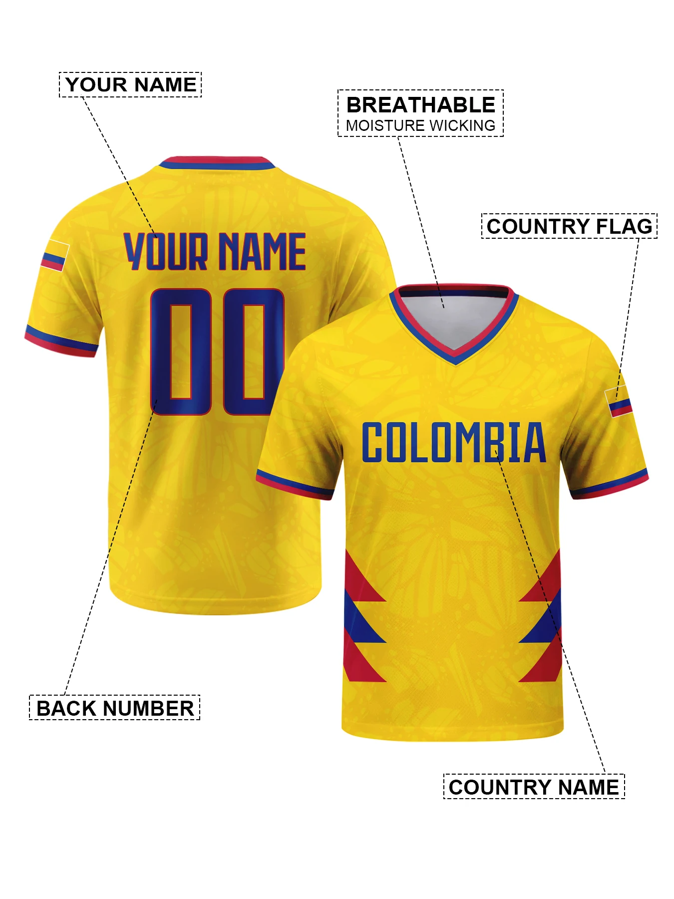 Custom Colombia Soccer Jersey Personalized Name Number Breathable V-neck Football Team Shirt for Men Women Kids view 2