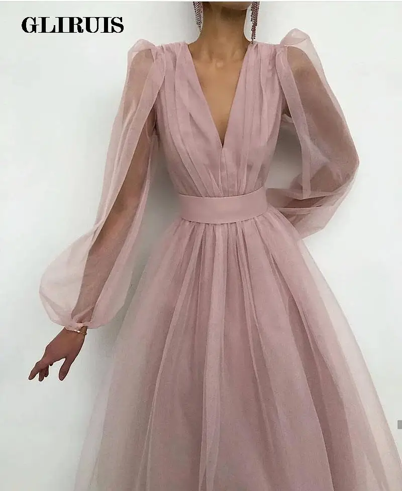 

Charming A line Evening Dress Simple Tulle V-Neck Evening Gown Long Sleeves Robe De Soiree Formal Party Dresses Custom