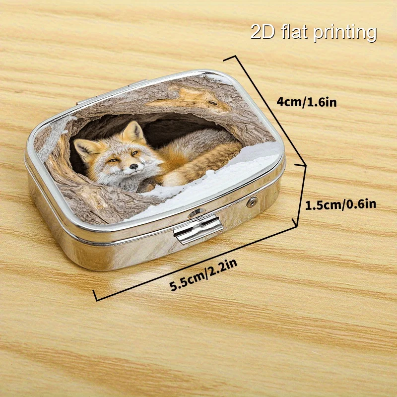 Fox 36 Pattern Popular Square 2-Compartment Multi-Layer Sealed Pill Box, Compact Portable Sealed Box, Metal Sealed Box Suitable for Home, Outdoor, and Travel Use, Portable Sealed Pill Box, Categorized Storage Box, Printed Locations May Vary