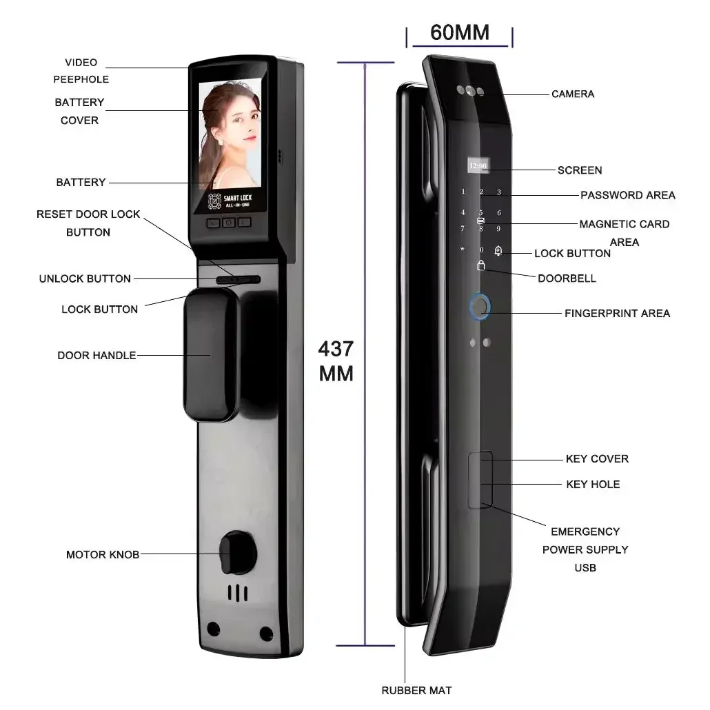 004 Glomarket Tuya Smart Two-Way Intercom Aluminum Alloy Fingerprint 3D Face Recognition Door Lock Digital Door Smart Lock