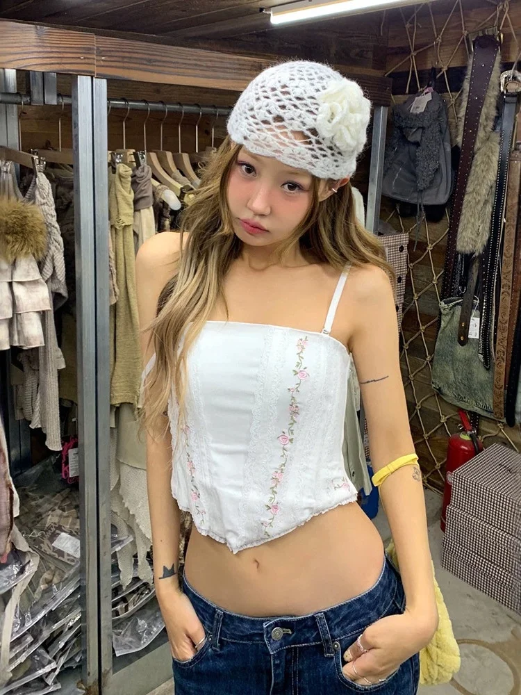 Korean Style BM Pure Desire Embroidered Slim Fit Strap Women's Summer Lace Splice Back Tie Bralette Glowy Ultra Thin Knitted