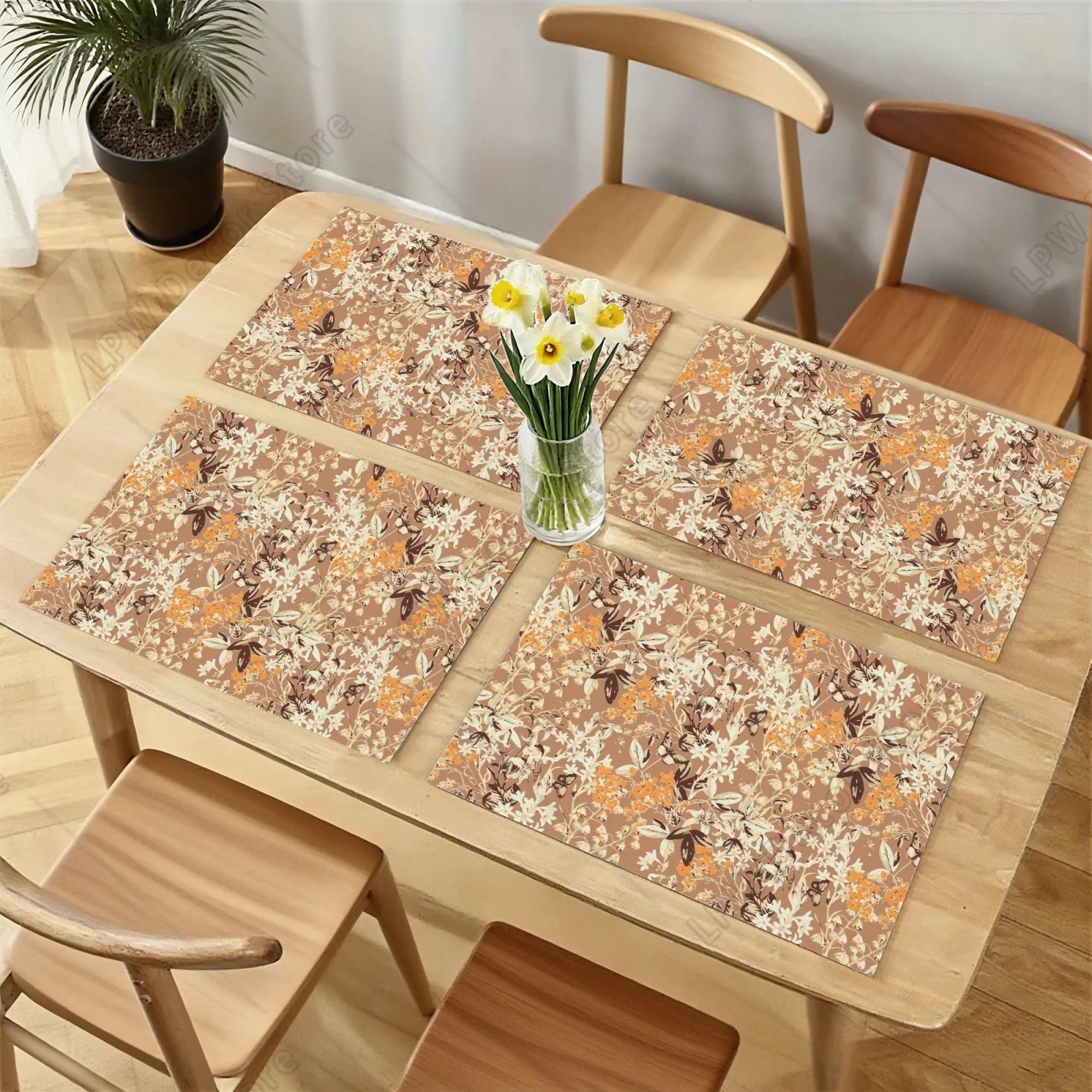 

4 шт., осенне-зимние салфетки в стиле ретро с цветочным принтом на тему Дня благодарения, полиэстеровые нескользящие термостойкие коричневые и декоративные коврики с бабочкой