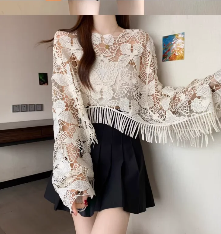 Women Summer Large Size Elegant Hollow Solid Color Sexy Sunscreen Blouse Fashion Short Versatile Loose Tassel Long Sleeve Shawl