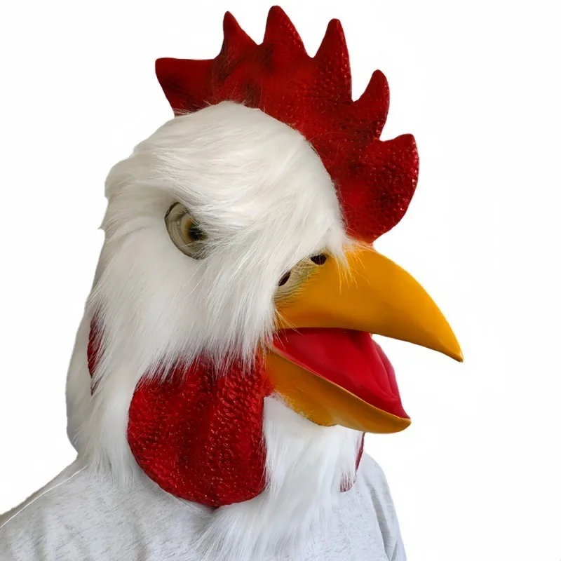 Novo branco de pelúcia galo cabeça capa látex máscara festa cabeça frango engraçado animal traje cos halloween máscara baile