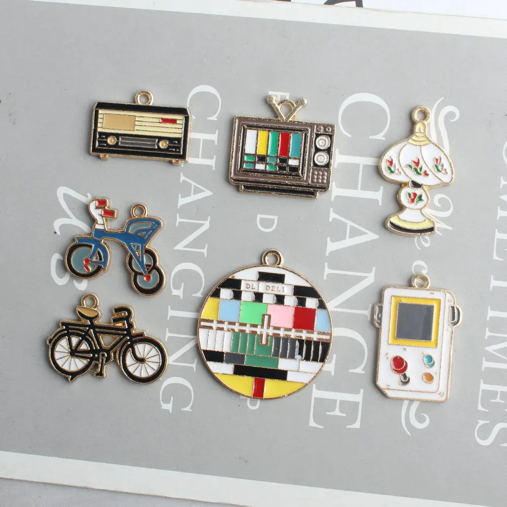 10pcs China During The 1980s Things Retro Color TV Television Signal Bicycle Radio Alloy Charm DIY Hand Making Jewelry Accessory