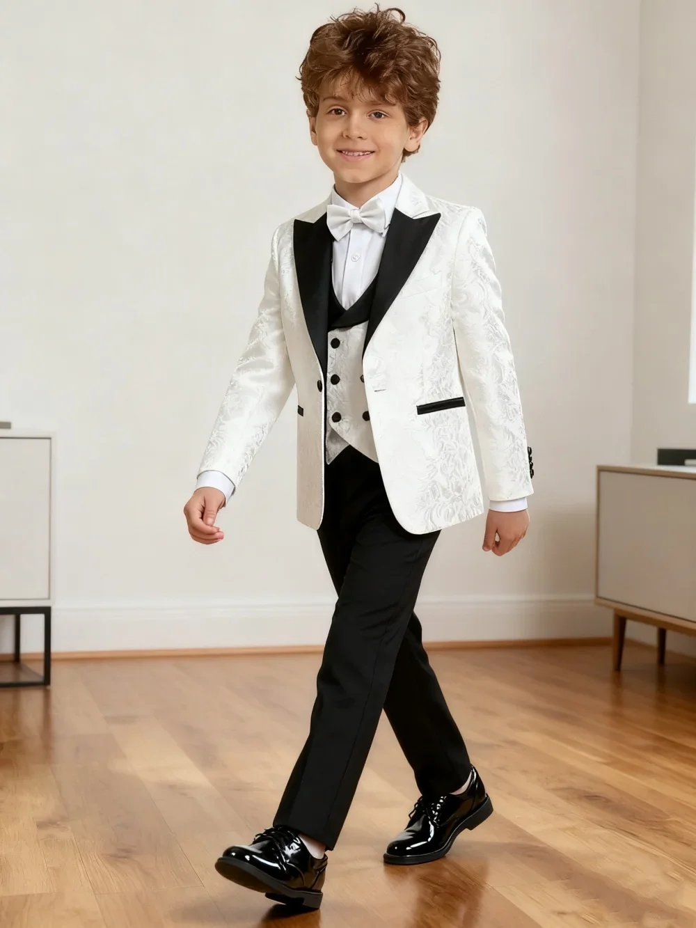 

24H Ship White Black Contrast Boys Formal Suit Set 4 Pieces 3-14 Years Kids Wedding Tuxedo Jacket Vest Pants Bow Tie Elegant