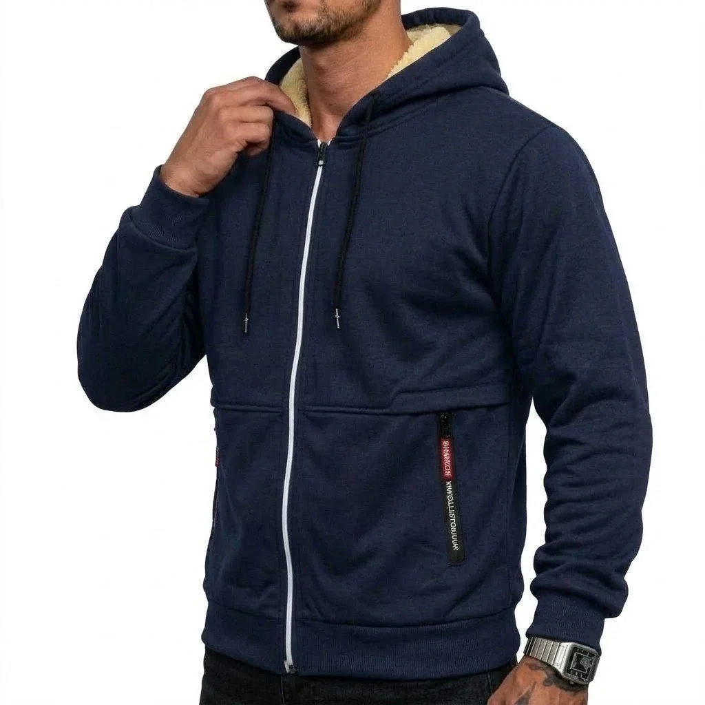 Neue Herren-Hoodie-Jacke mit Reißverschluss und Sherpa-Futter, Warme Dicke Winter-Fleece-Kapuzenjacke, Thermisches Freizeit-Oberbekleidungsstück, Schwergewichtiger Mantel – Detail 9