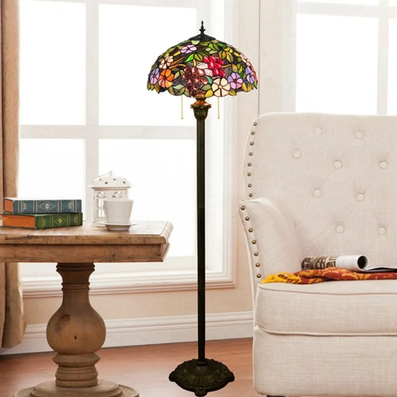 American Pastoral Floor Lamps Retro Creativity Grape Flower Glass LED Standing Light Living Room Bedroom High-end Adorn Fixtures