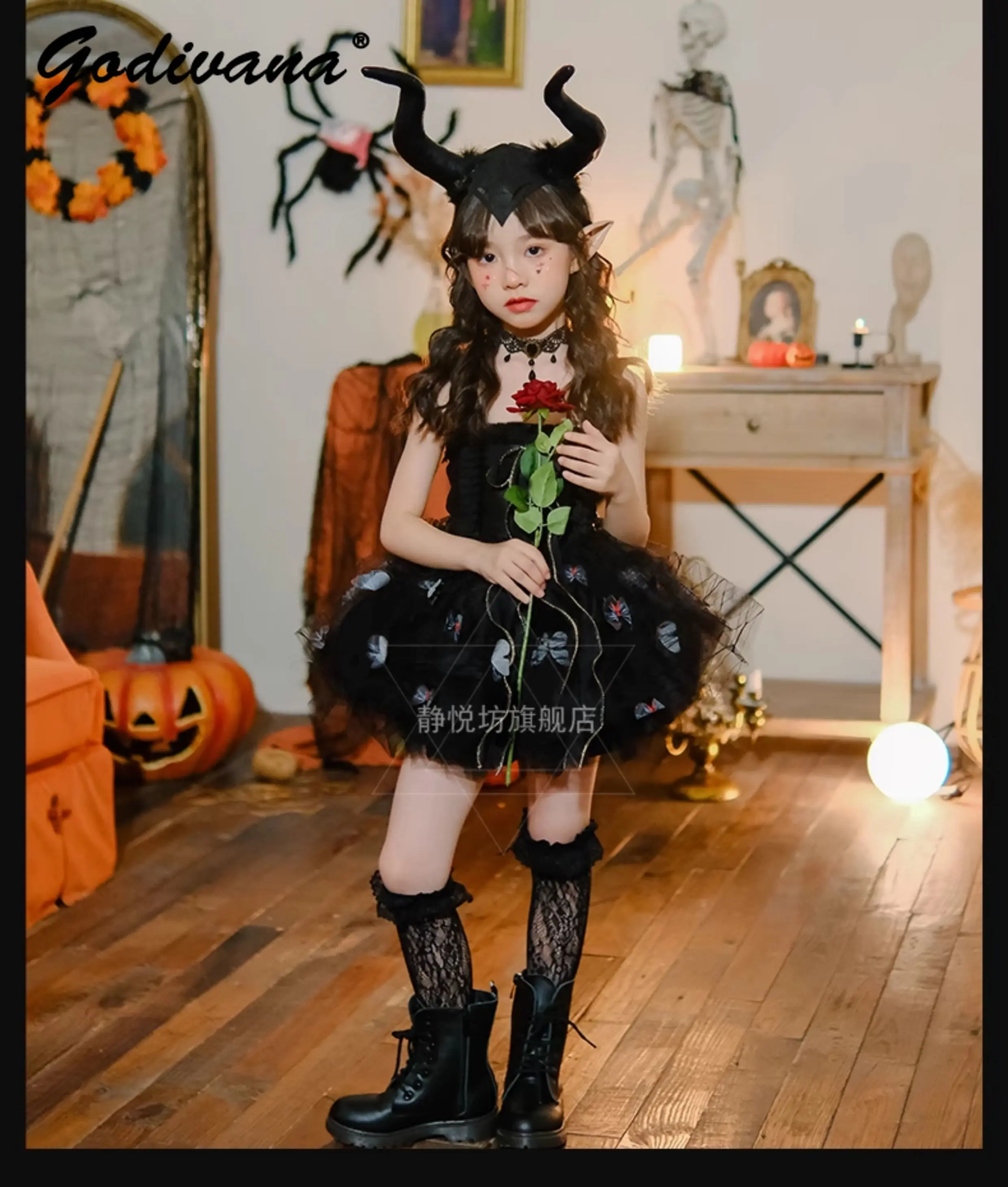 Childrens Halloween Catwalk Elf Sundress Baby Girls Cosplay Masquerade Little Devil Black Lace Veil Princess Straps Dress Set