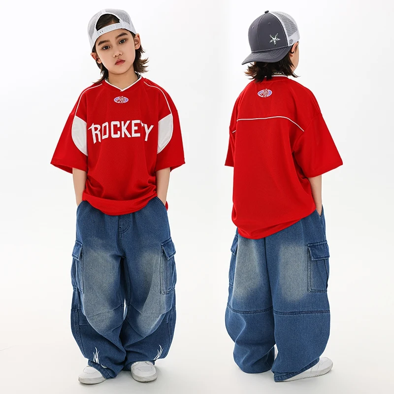 

Boys Street Dance Clothing Hip Hop Red T Shirt Loose Cargo Pants Teenager Breaking Poppin Performance Wear Girls Clothes BL15978
