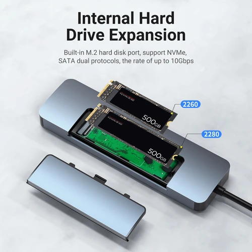 Imagen 2 del producto Hub USB C 8 en 1 y carcasa SSD M.2, compatible con NVME y SATA, con 4K HD, USB 3,0, PD 100W, RJ45 1000M, lector SD/TF para ordenadores portátiles Macbook PC