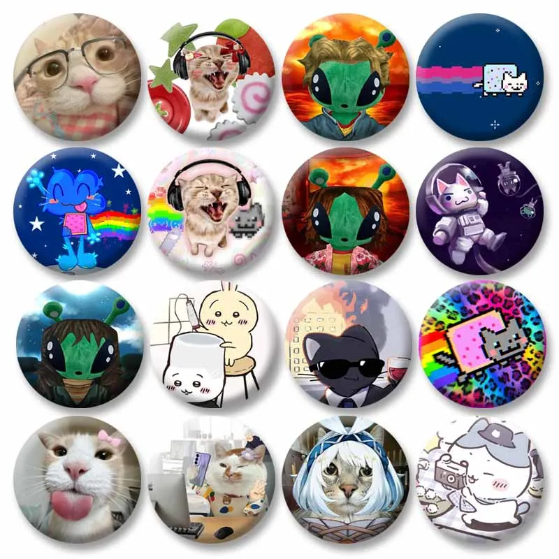 Creative Funny Cat Meme Round Badges Handmade Tinplate Coin Brooches on Backpack Clothing Jewelry Pin Toys Gift for Kids Friends