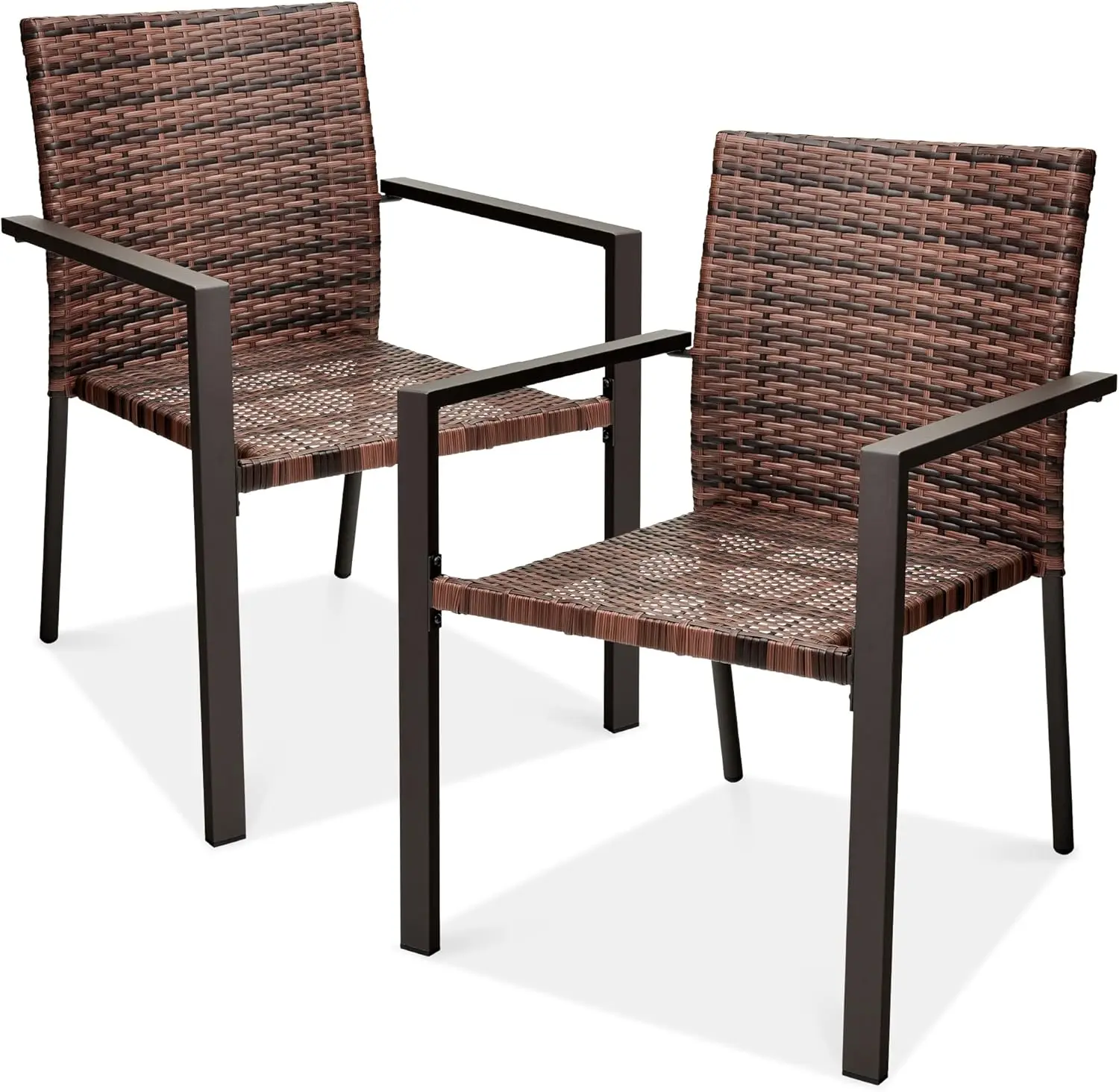 Set of 2 Stackable Outdoor Wicker Dining Chairs All-Weather Firepit Armchair w/Armrests, Steel Frame for Patio, Deck, Garden, Ya