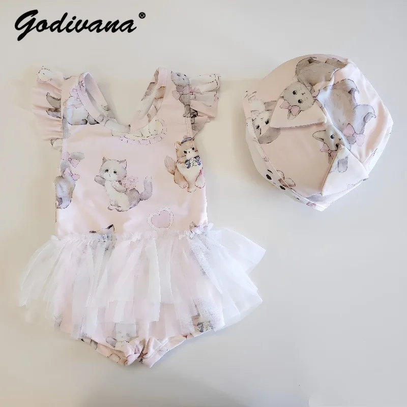Sweet Little Girls One-piece Swimsuit 2026 New Summer Sleeveless Ruffle Mesh Splicing Swimwear Cute Cat Cartoon Print Swimsuit