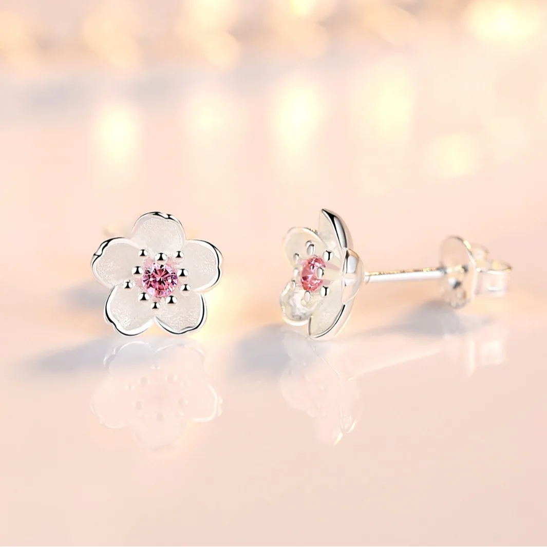 Simple Romantic Cherry Blossom Pink Purple Zircon Flower Small Stud Earrings For Women Elegant Cute Fashion Jewelry Wholesale