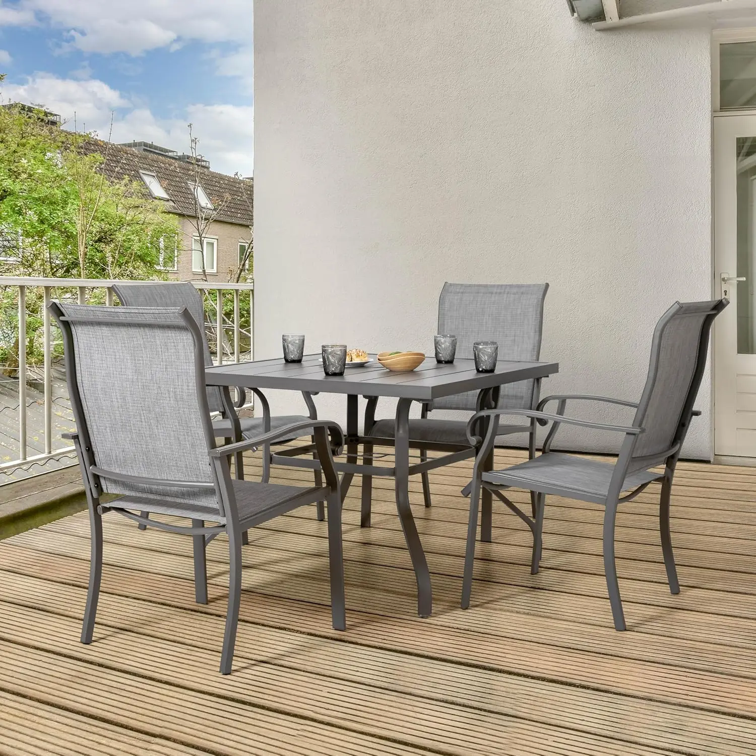 Outdoor Patio Dining Set 5 Piece Square Table with Umbrella Hole & 4 Gray Textilene Chairs for Garden Poolside, Customized