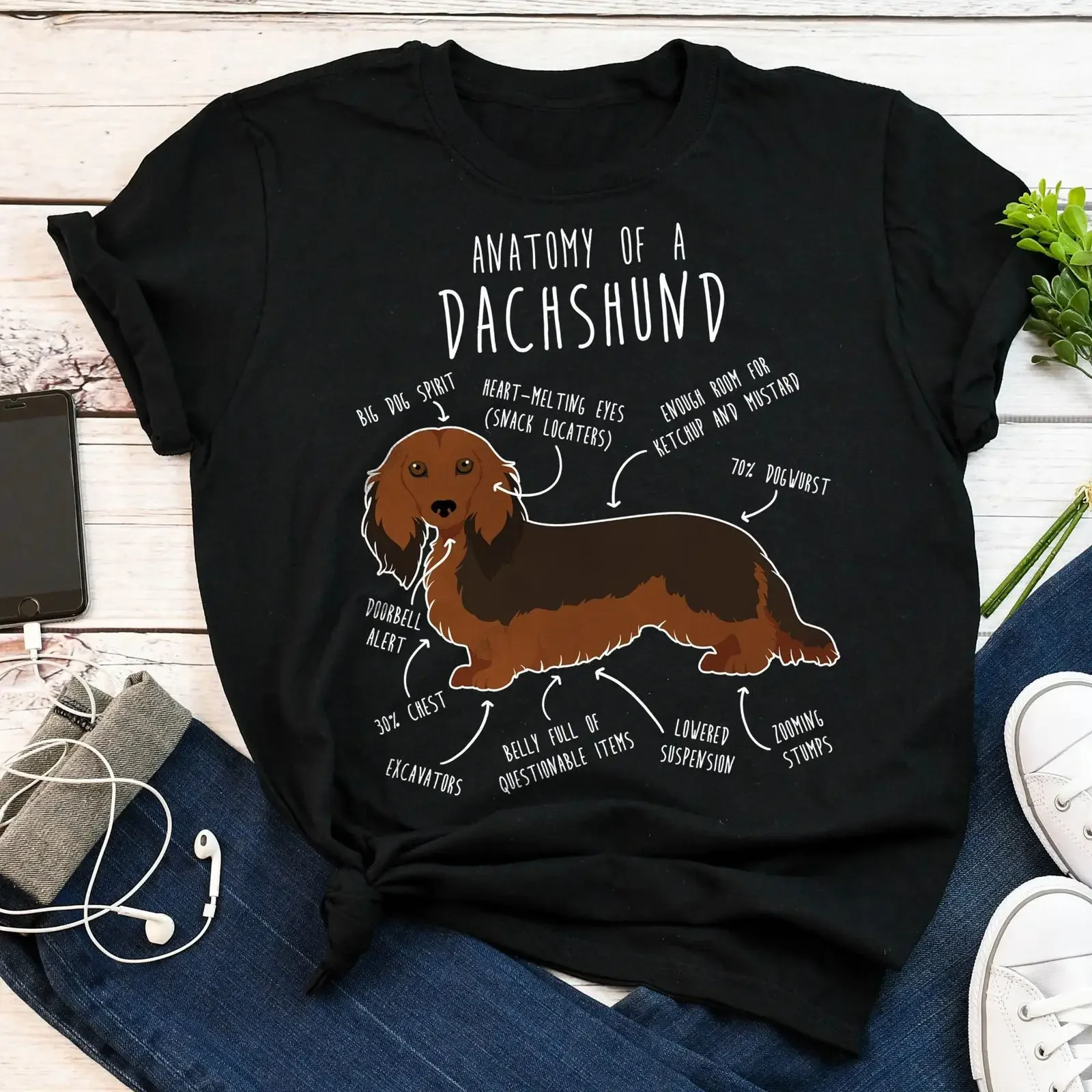 Funny Anatomy of Longhaired Dachshund T Shirt Weiner Sausage Dog Lover Casual Doxie for Pet Mom Dad vintage Washed fashion
