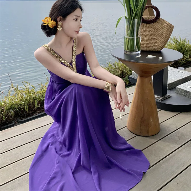 Summer Fashion Sexy Off Shoulder Backless Boho Party Maxi Dress Retro Temperament Purple Chiffon Casual Holiday Beach Long Dress
