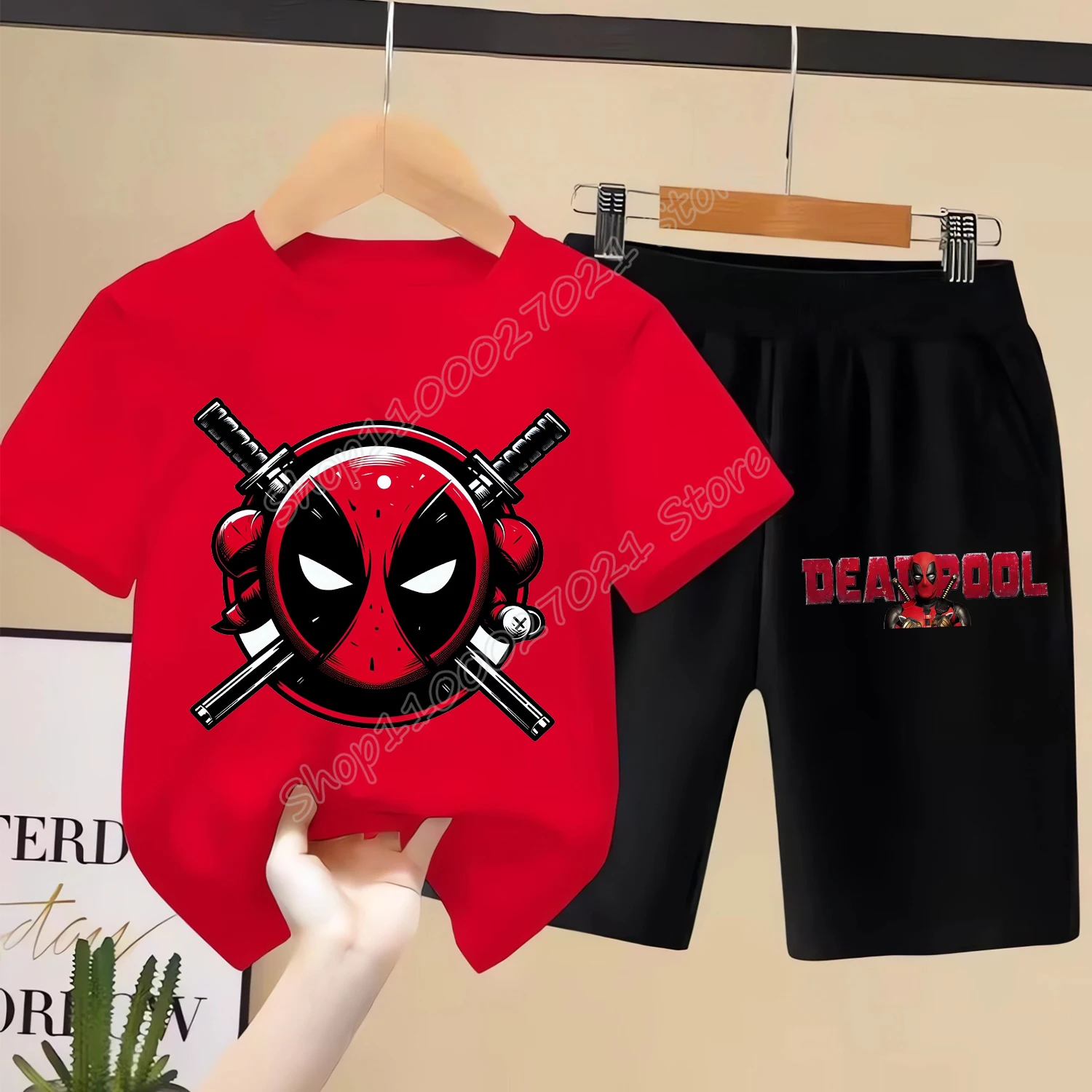 Marvels Deadpool & Wolverine T-shirt Suit Children Summer Tops+shorts 2pcs Pants Set Cartoon Anime Pajamas Kid Home Wear Clothes