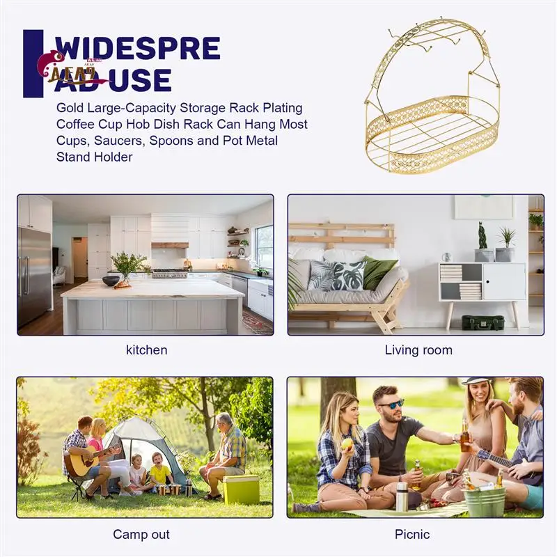 

AEA9-золотая полка для хранения большой емкости с покрытием для кофейных чашек, подставка для посуды, может повесить большинство чашек, блюдец, ложок и кастрюль, металлическая подставка H