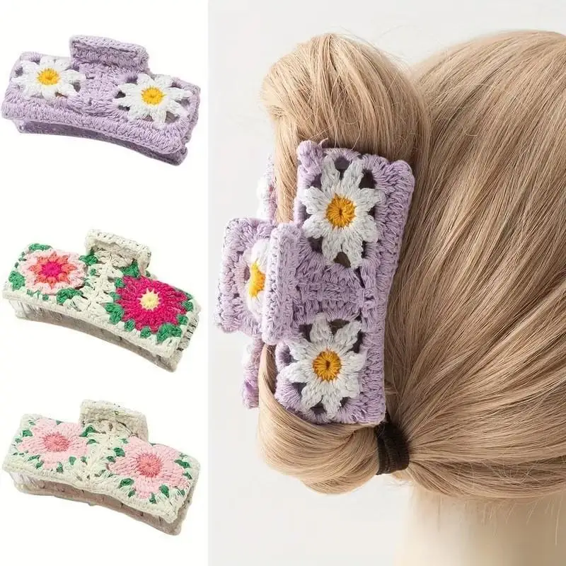 Gestrickte Blumen-Haarklammer für Mädchen und Frauen, gehäkelte handgemachte Haarnadel, modische Blumen-Haarspange, Hawaii-Bohemien-Haar-Accessoires – Detail 2