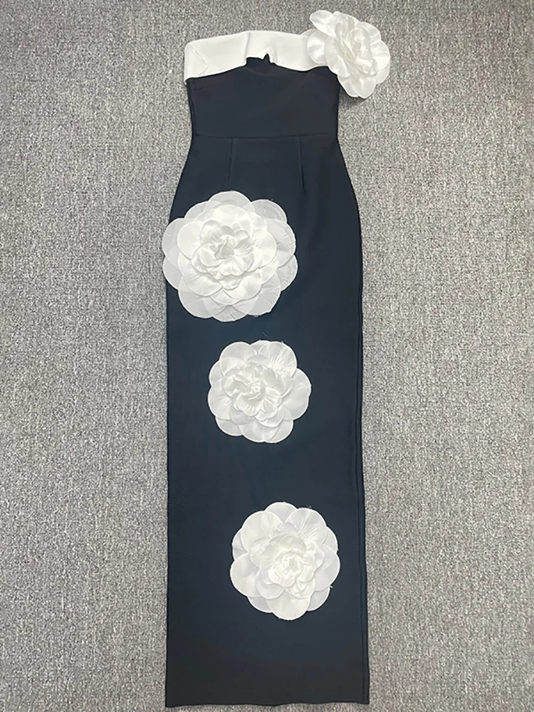 Sexy Strapless Big White Flower Bandage Dress Women Black Sleeveless Backless Floral Long Bodycon Dresses Evening Club Party